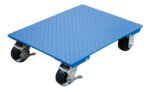 The Vestil Steel Plate Dolly With a 1.2K lb capacity measures 24 x 30 inches, featuring a blue, textured diamond-patterned platform and four black casters. Front-wheel metal brakes ensure stability, making it ideal for heavy tasks against a plain white background.