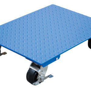 The Vestil Steel Plate Dolly With a 1.2K lb capacity measures 24 x 30 inches, featuring a blue, textured diamond-patterned platform and four black casters. Front-wheel metal brakes ensure stability, making it ideal for heavy tasks against a plain white background.