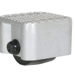 A close-up of a metallic gray pedal features a textured surface similar to the durability of the Vestil Cast Aluminum Dolly 1500 Lb 4.5L X 4.5W, with a black rubber pad underneath and a circular part for attachment, likely designed for a bicycle or similar vehicle.