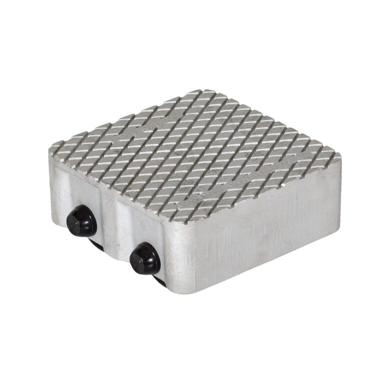 VPRDO-4_A.jpg The Vestil Cast Aluminum Dolly 6000 Lb features a textured metal pad with a crisscross diamond pattern, two side knobs, and has an 8.5L X 8.5W rectangular shape with rounded edges, supporting up to 6000 lbs for industrial or mechanical use.