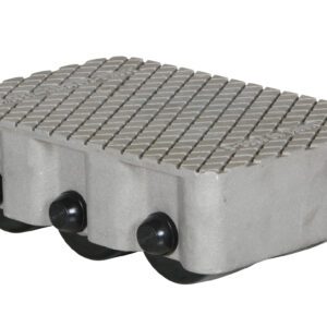 The Vestil Cast Aluminum Dolly 3000 Lb, measuring 12.5L x 8.5W inches, has a textured crosshatch top and three black wheels in a row for easy maneuverability.