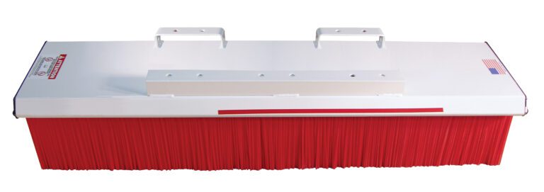 Meet the Vestil Forklift Broom Pro Series 5 Foot, an industrial push broom with a sturdy white base, vibrant red bristles, and two metal handles. It features an American flag decal on the right.