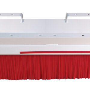 Meet the Vestil Forklift Broom Pro Series 5 Foot, an industrial push broom with a sturdy white base, vibrant red bristles, and two metal handles. It features an American flag decal on the right.