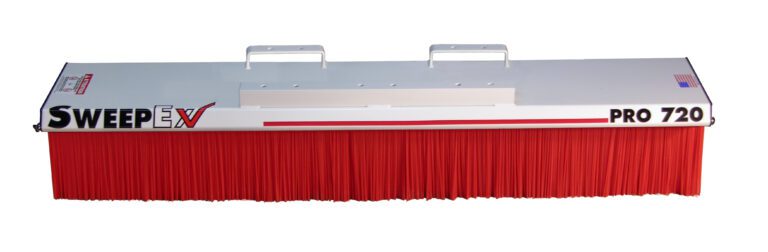 VPS-72_A.jpg The SWEEP EX PRO 720 is a red-bristled, rectangular broom attachment with a white top, dual metal handles, and an American flag sticker. It perfectly pairs with the Vestil Forklift Broom Pro Series 6 Foot for efficient sweeping.