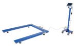 The Vestil HD U-Shape Platform Scale 6K Lb is a blue industrial floor scale featuring an open U-shape and wheeled digital display for mobility, making it ideal for heavy-duty tasks.