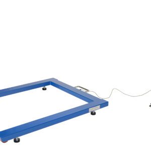 The Vestil HD U-Shape Platform Scale 6K Lb is a blue industrial floor scale featuring an open U-shape and wheeled digital display for mobility, making it ideal for heavy-duty tasks.