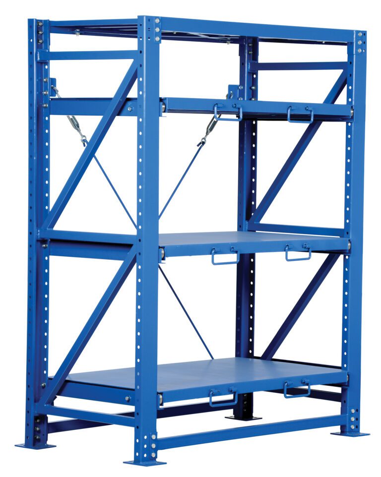 VRSOR-54_A.jpg The Vestil Hd Roll-Out Shelving, measuring 32L x 57W x 80H, is a blue metal rack with three adjustable shelves. It includes diagonal support beams and pre-drilled holes for customization. The shelves feature handles for easy adjustment and removal.