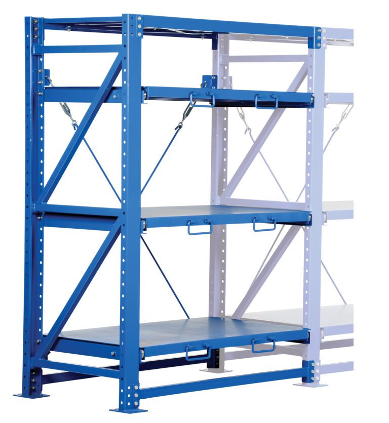VRSOR-A-114_A.jpg The Vestil Roll Out Shelving - Add On Unit in blue and white includes three adjustable shelves with handles, sturdy cross-braces, and perforations for easy adjustments, offering a durable metal storage solution for industrial settings.