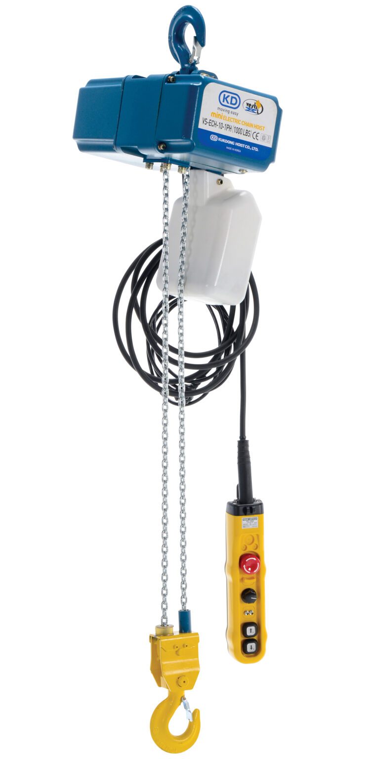 VS-ECH-10-1PH_A.jpg The Vestil Variable Speed Electric Hoist 1K Cap has a sturdy blue housing, a yellow control pendant with multiple buttons on a black cable, and a strong yellow hook at the bottom of its durable metal chain.