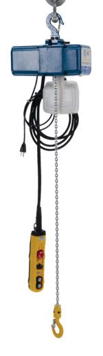 The Vestil Variable Speed Elect Hoist 250 Lb Cap is vibrant blue with a yellow control switch and black cable. It includes a silver chain with a sturdy hook for lifting heavy loads, and the design is completed by a visible power plug.