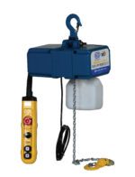 The Vestil Variable Speed Elect Hoist 500 Lb Cap has a blue and white design and a yellow control pendant. It comes with a chain, hook, buttons, an emergency stop, and a label with technical specs.