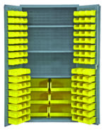 The open gray Vestil Storage Cabinet-102 Bins 36 X 72 reveals an assortment of small, bright yellow bins perfectly organized on its inside surfaces and shelves, providing ample space for sorting and storing small items.