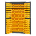 The Vestil Storage Cabinet-132 Bins 36 X 72 boasts a sleek gray design with open doors displaying 132 yellow plastic bins, ideal for efficiently organizing small parts or tools.