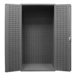 Explore the Vestil Storage Cabinet-36 X 72 Custom, a gray metal cabinet with open perforated panels and double doors, offering a roomy interior for ample storage.