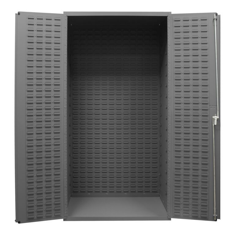 VSC-3501-NB_A.jpg Explore the Vestil Storage Cabinet-36 X 72 Custom, a gray metal cabinet with open perforated panels and double doors, offering a roomy interior for ample storage.