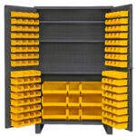 The Vestil Storage Cabinet-137 Bins 24 X 78 is a spacious, sleek gray cabinet with numerous yellow plastic bins of varying sizes on the doors and shelves, ideal for organizing small parts or tools.