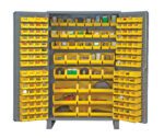 The Vestil Storage Cabinet-171 Bins 24 X 78 displays open, revealing neatly organized small yellow bins filled with tools, hardware, and miscellaneous items, perfectly arranged on both the shelves and doors of this robust metal cabinet.