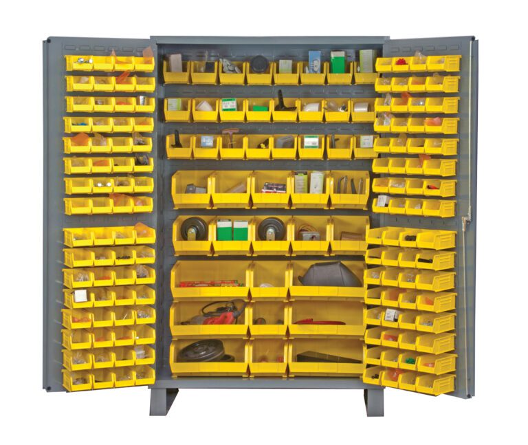 VSC-JC-171_A.jpg The Vestil Storage Cabinet-171 Bins 24 X 78 displays open, revealing neatly organized small yellow bins filled with tools, hardware, and miscellaneous items, perfectly arranged on both the shelves and doors of this robust metal cabinet.