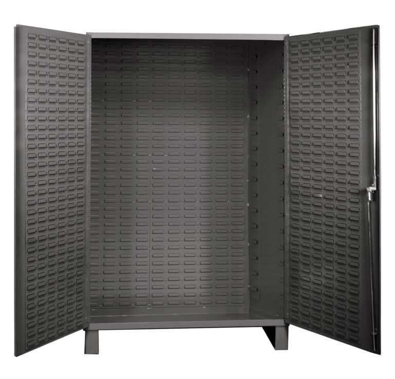 VSC-JC-NB_A.jpg The Vestil Storage Cabinet-24 X 78 Custom is a gray metal cabinet with perforated door and back panels, standing on a sturdy base, ideal for organizing tools or equipment in workshops or garages.