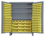 The Vestil Storage Cabinet-185 Bins 24 X 84 features open doors with numerous small yellow bins arranged on the doors and shelves, ideal for efficiently sorting and storing small items.