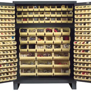 The Vestil Storage Cabinet-227 Bins 24 X 84 features multiple open yellow bins filled with screws, bolts, washers, and small tools. Its doors include additional bins for optimal organization of hardware essentials.