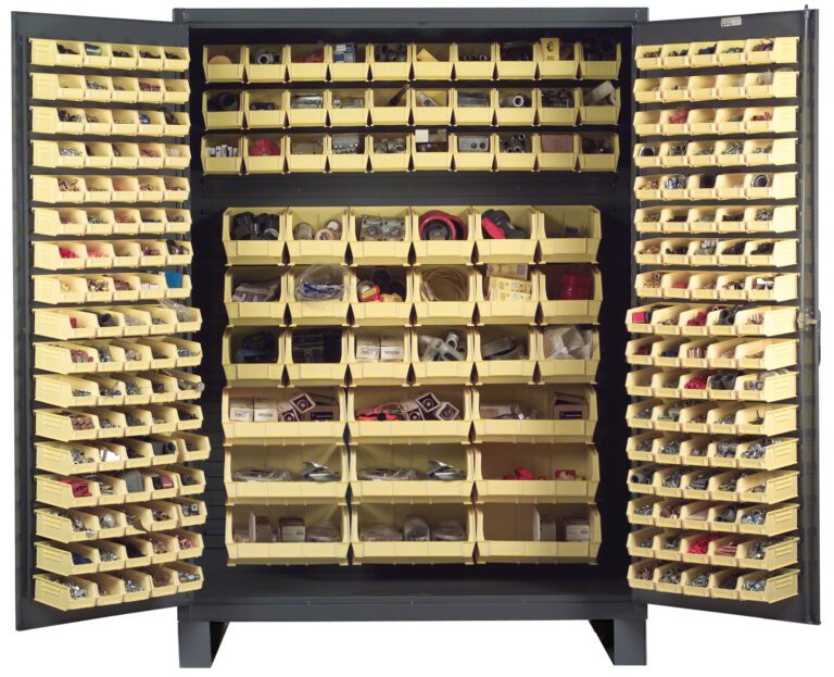 The Vestil Storage Cabinet-227 Bins 24 X 84 features multiple open yellow bins filled with screws, bolts, washers, and small tools. Its doors include additional bins for optimal organization of hardware essentials.