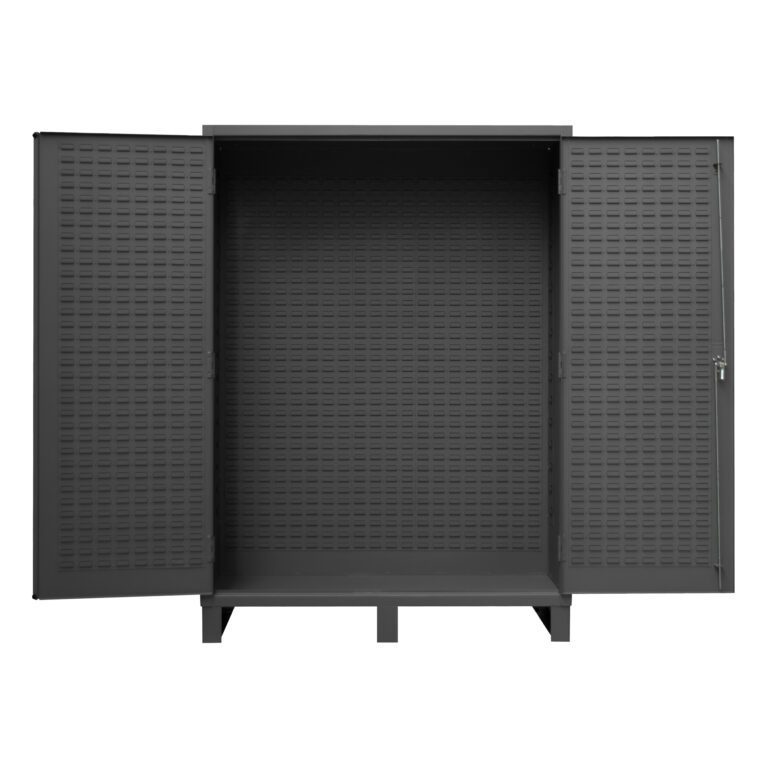VSC-SSC-NB_A.jpg The Vestil Storage Cabinet-24 X 84 Custom, in matte black metal, features open doors revealing a textured, perforated design inside and out.