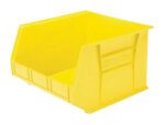 A spacious yellow plastic storage bin, similar to the Vestil Bin Storage Cabinet, features reinforced sides, an open front with a slight angle for optimal organization and storage, and hooks on easily. Dimensions are 5X4X3.