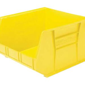 A spacious yellow plastic storage bin, similar to the Vestil Bin Storage Cabinet, features reinforced sides, an open front with a slight angle for optimal organization and storage, and hooks on easily. Dimensions are 5X4X3.