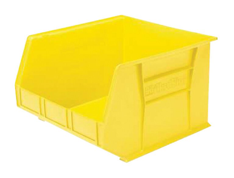 A spacious yellow plastic storage bin, similar to the Vestil Bin Storage Cabinet, features reinforced sides, an open front with a slight angle for optimal organization and storage, and hooks on easily. Dimensions are 5X4X3.