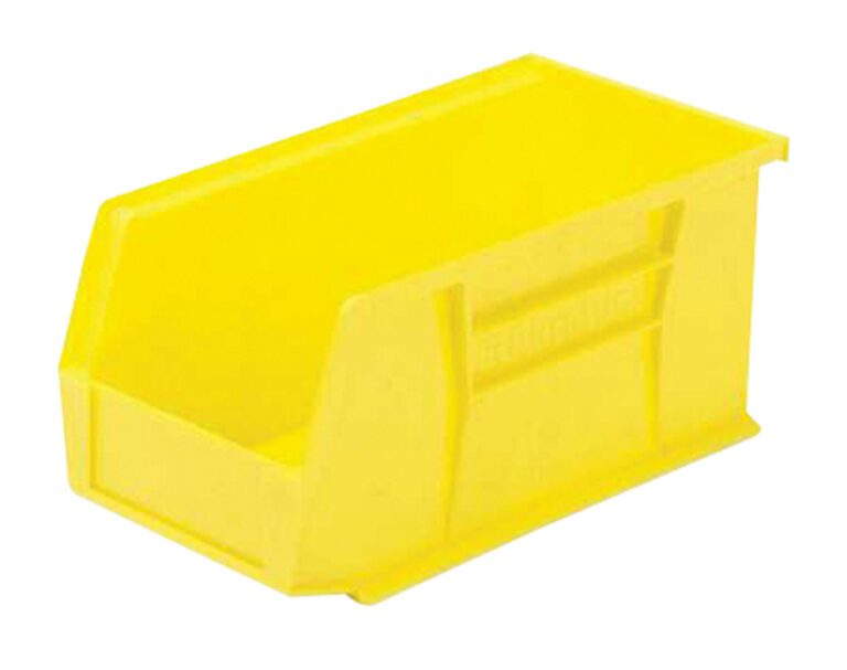 VSPB-3022_A.jpg The Vestil Bin Storage Cabinet - Hook On Bin 7X4X3 features a yellow, rectangular open-top bin with a scoop front for easy access. It hooks onto your setup and has smooth sides with a reinforced bottom, ideal for efficiently organizing small items.