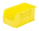 The Vestil Bin Storage Cabinet includes a bright yellow 11X6X6 inch rectangular hook-on bin with reinforced edges, open front, and a slight angle for easy access, perfect for organizing small items.