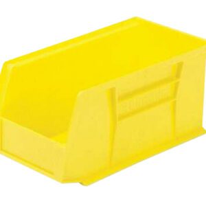 The Vestil Bin Storage Cabinet includes a bright yellow 11X6X6 inch rectangular hook-on bin with reinforced edges, open front, and a slight angle for easy access, perfect for organizing small items.