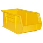 The Vestil Bin Storage Cabinet - Hook On Bin 15X8X7 features a sturdy yellow plastic design with reinforced sides and an open front for easy access, perfect for garage or workshop organization.