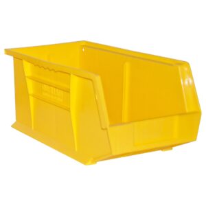 The Vestil Bin Storage Cabinet - Hook On Bin 15X8X7 features a sturdy yellow plastic design with reinforced sides and an open front for easy access, perfect for garage or workshop organization.