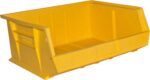 The yellow plastic Vestil Bin Storage Cabinet-Hook On Bin 15X16X7 is designed for storing and organizing items with its open front, reinforced sides, and stackable design, providing a functional and efficient solution for any space.