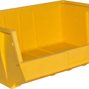 The yellow plastic Vestil Bin Storage Cabinet-Hook On Bin 15X16X7 is designed for storing and organizing items with its open front, reinforced sides, and stackable design, providing a functional and efficient solution for any space.