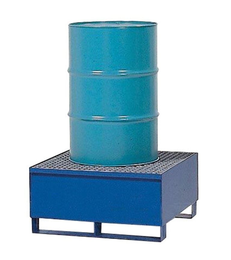 A blue metal drum rests on a Vestil Vertical Drum Retention Basin 34X34X18, featuring a grated surface to expertly prevent leaks, highlighting the importance of industrial safety and efficient storage solutions.