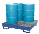 Four blue industrial barrels are arranged in a 2x2 formation on a Vestil Vertical Drum Retention Basin 50X54X10, equipped with a grated surface to effectively catch spills and enhance safety.