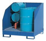 A Vestil Retention Basin-Seperation Walls 2400 Lb blue metal unit contains four teal industrial barrels; three are stacked horizontally, one stands upright with a brown funnel. The open-front unit sits on a grated platform.