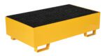 The Vestil Yellow Drum Retention Basin 49X27X14 features a black grid surface and two feet per side for slight elevation, ideal for workplace cleanliness.
