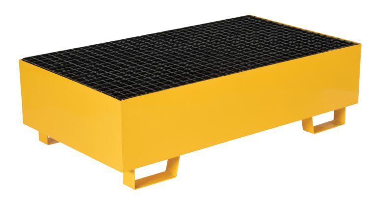 VSRB-YL-2_A.jpg The Vestil Yellow Drum Retention Basin 49X27X14 features a black grid surface and two feet per side for slight elevation, ideal for workplace cleanliness.