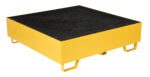 The Vestil Yellow Drum Retention Basin 49X49X14, with a black grid top and four sturdy feet, elevates drums for effective spill management, maintaining a clean and efficient workspace.