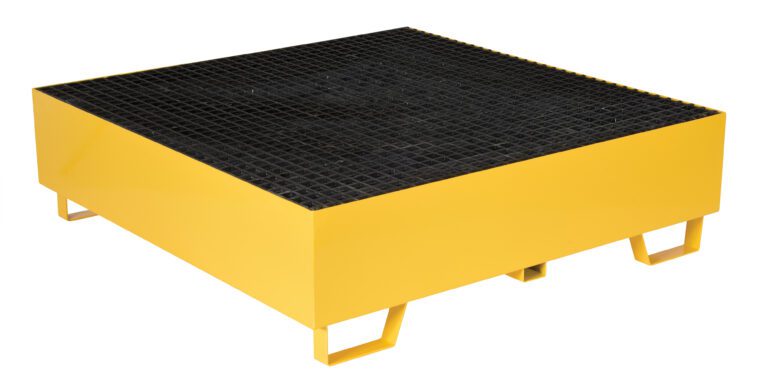 VSRB-YL-4_A.jpg The Vestil Yellow Drum Retention Basin 49X49X14, with a black grid top and four sturdy feet, elevates drums for effective spill management, maintaining a clean and efficient workspace.