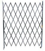 The Vestil Single Fold Scissor Gate 96X84 features a metal accordion-style with a diamond lattice pattern, includes a wheeled base and fixed post for freestanding use, and showcases its expandable nature when partially extended.