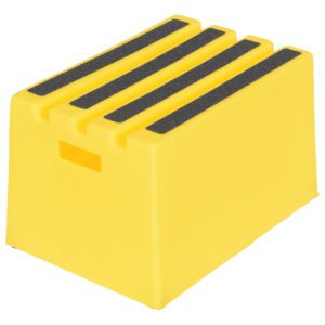 The Vestil Polyethylene Step Stool Yellow 1 Step is bright yellow with three black non-slip strips on top. Its rectangular, has a small handle cutout for easy carrying, and is perfect for one-step uses.