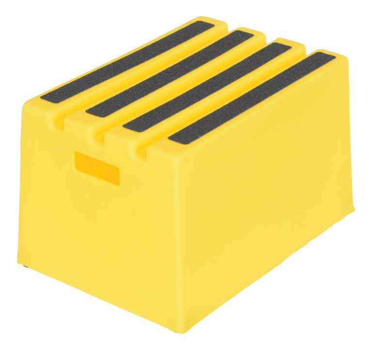 The Vestil Polyethylene Step Stool Yellow 1 Step is bright yellow with three black non-slip strips on top. Its rectangular, has a small handle cutout for easy carrying, and is perfect for one-step uses.