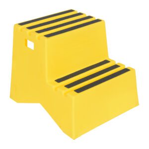 The Vestil Polyethylene Step Stool Yellow 2 Step features vibrant yellow steps with black anti-slip strips for safety. It has a side rectangular cutout handle for easy carrying, making it ideal for various tasks.