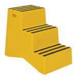 The Vestil Polyethylene Step Stool Yellow 3 Step has a vibrant yellow color with black grip strips on its three steps for added safety. Its textured surface ensures secure footing, making it a compact and stable choice for safely reaching higher places.