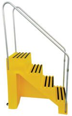 The Vestil Polyethylene Step Stool Yellow 4 Step features a vibrant yellow design with black treads and sturdy metal handrails. Its compact, durable build is perfect for industrial or commercial use, providing both safety and convenience.